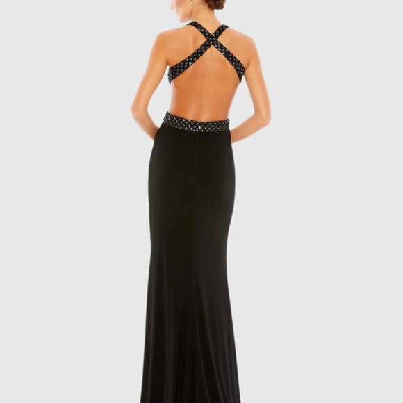NWT | Mac Duggal‎ 68166 Black Deep V Cut Out Criss Cross Floral Sequin Gown 6 - Picture 2 of 9